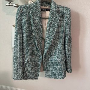 Zara tweed textured button blazer jacket blue, turquoise, teal bloggers favorite